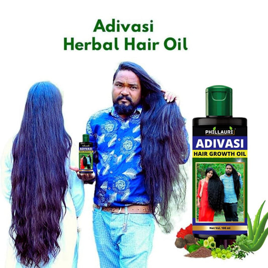 Adivasi Herbal Hair Oil bottle with herbal ingredients, natural packaging, and a dropper for scalp and hair nourishment.